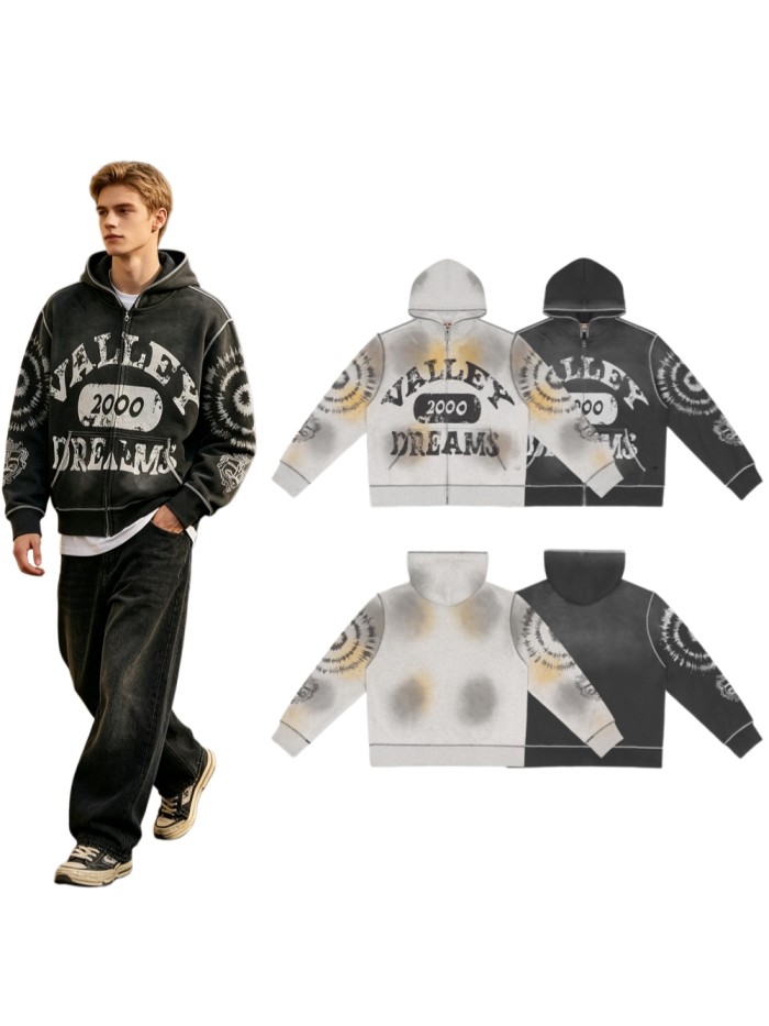 American Double Sleeve Tie Dye Swirl Carved Print Washed Vintage Zip Up Hoodie 2 colors 29383860