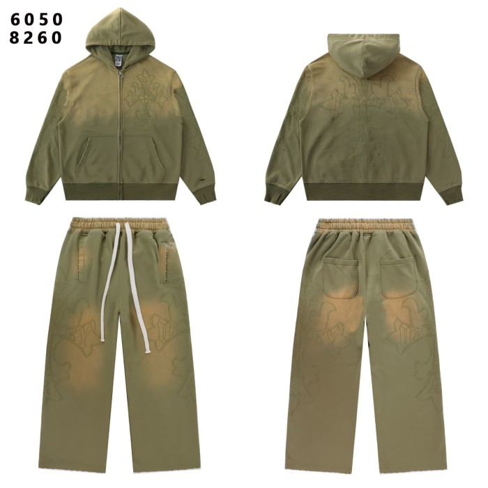 Gothic Streetwear Vintage Washed Cross Embroidery Cropped Zip Up Hoodie & Wide Leg Sweatpants Set 3 colors 29383974