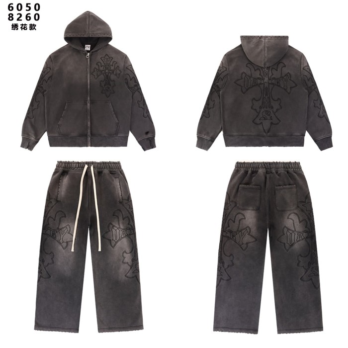 Gothic Streetwear Vintage Washed Cross Embroidery Cropped Zip Up Hoodie & Wide Leg Sweatpants Set 3 colors 29383974
