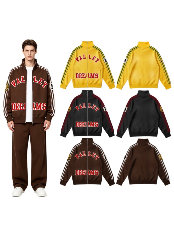 American Sporty Red Embroidered Letter White Side Stripe Washed Stand Collar Zip Up Hoodie 3 colors 29384009
