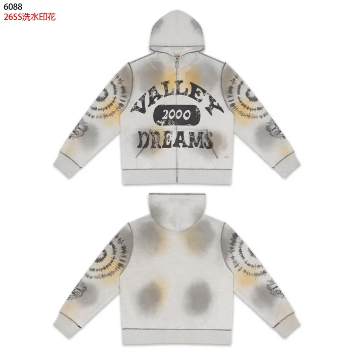 American Double Sleeve Tie Dye Swirl Carved Print Washed Vintage Zip Up Hoodie 2 colors 29383860