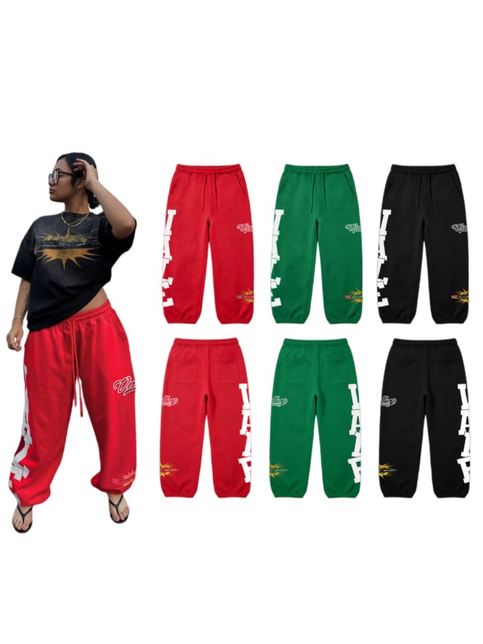 American Street Style White Bold Letter Print Cursive Embroidered Drawstring Sweatpants 3 colors 29383867