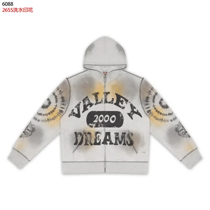 American Double Sleeve Tie Dye Swirl Carved Print Washed Vintage Zip Up Hoodie 2 colors 29383860