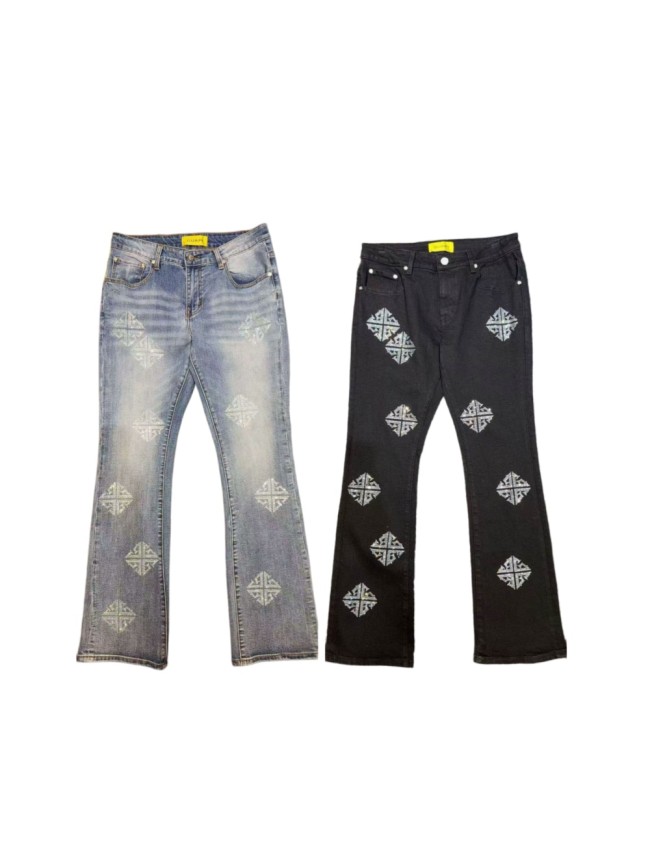 Guapi 1:1 quality version Geometric Diamond Rhinestone All Over Print Slim Flare Denim Jeans 2 colors 29385362