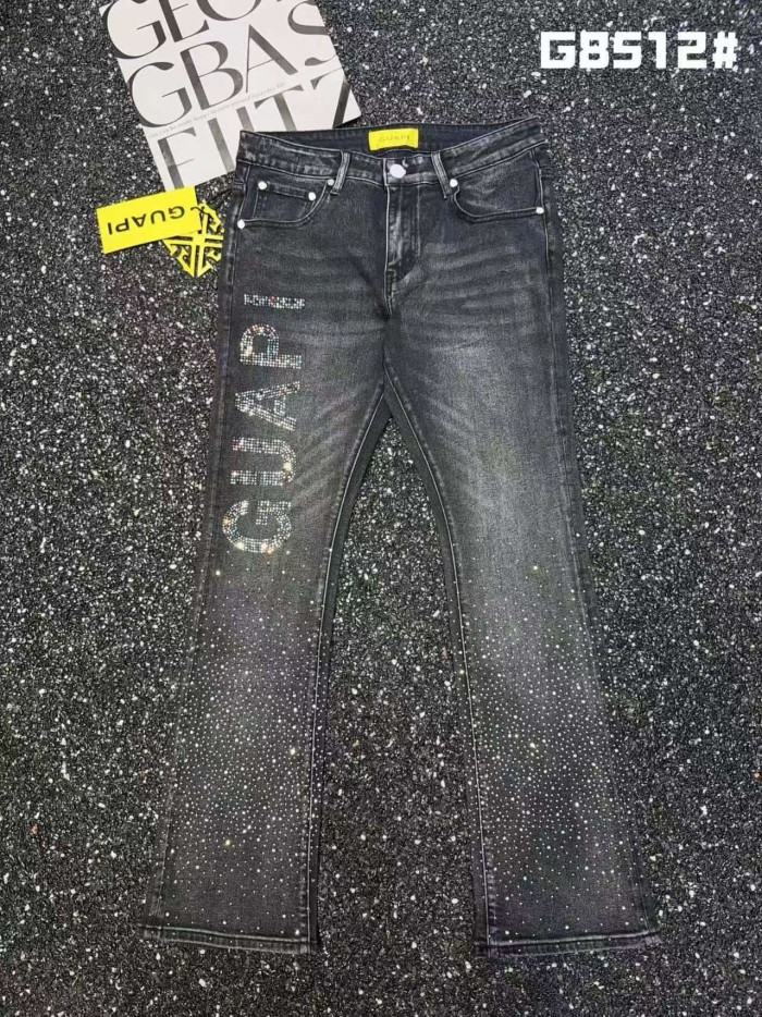 Guapi 1:1 quality version Streetwear Vertical Letter Rhinestone Gradient Star Rhinestone Washed Slim Slim Flare Denim Jeans 29385385