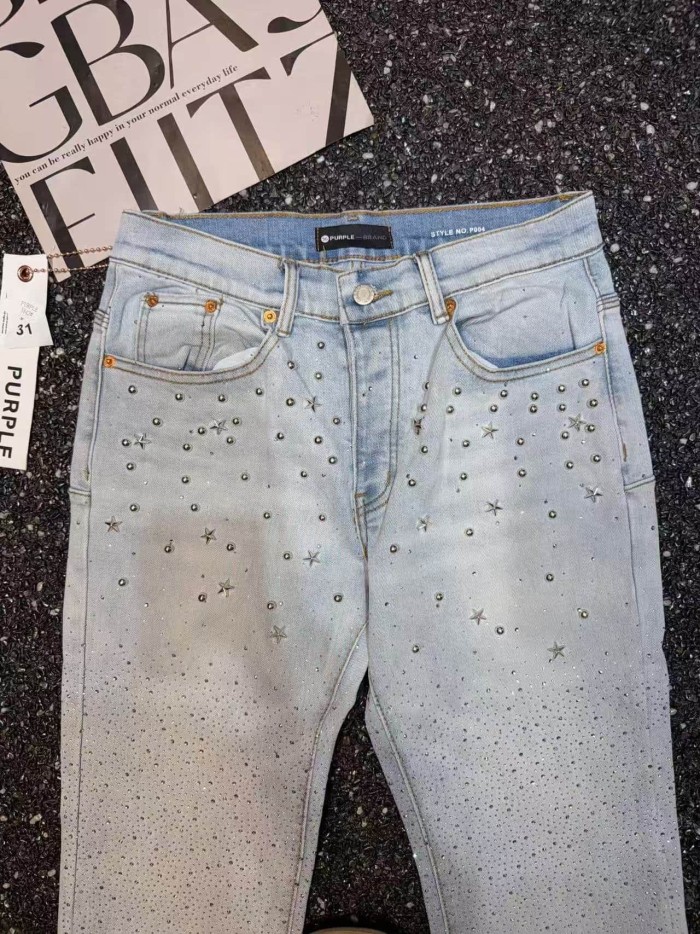 Purple Brand 1:1 quality version American Streetwear Light Wash Star Studs All Over Rhinestone Slim Flared Jeans 29385576