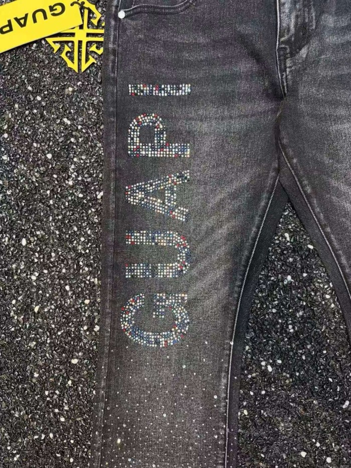Guapi 1:1 quality version Streetwear Vertical Letter Rhinestone Gradient Star Rhinestone Washed Slim Slim Flare Denim Jeans 29385385