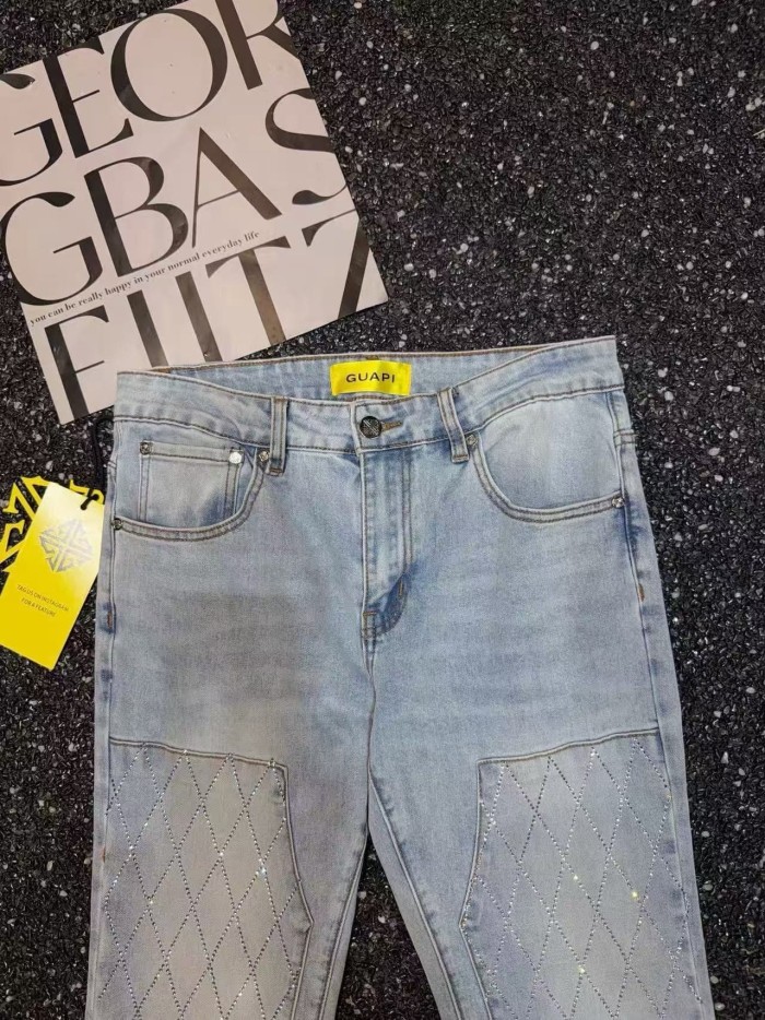 Guapi 1:1 quality version American Streetwear Rhombus Rhinestone Patchwork Slim Flare Jeans 29385351