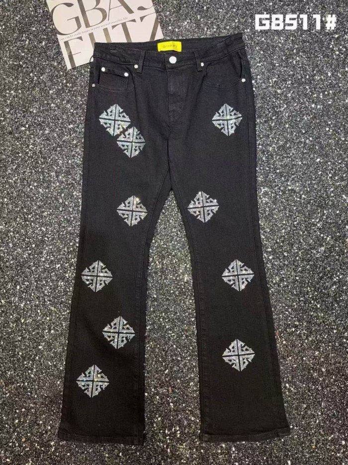 Guapi 1:1 quality version Geometric Diamond Rhinestone All Over Print Slim Flare Denim Jeans 2 colors 29385362