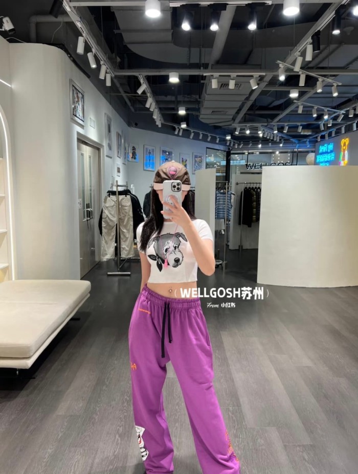 1:1 quality version Streetwear Purple Color Graffiti Slogan Poker Print Wide Leg Drawstring Casual Sweatpants 29392390
