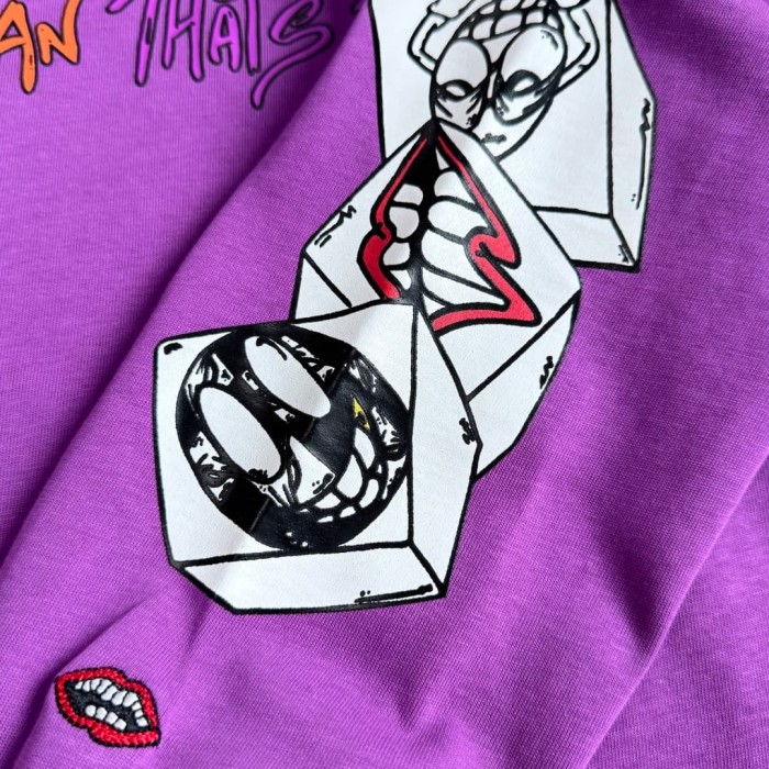 1:1 quality version American Streetwear Purple Chest Pocket Graffiti Slogan Poker Print Long Sleeve Tee 29392372