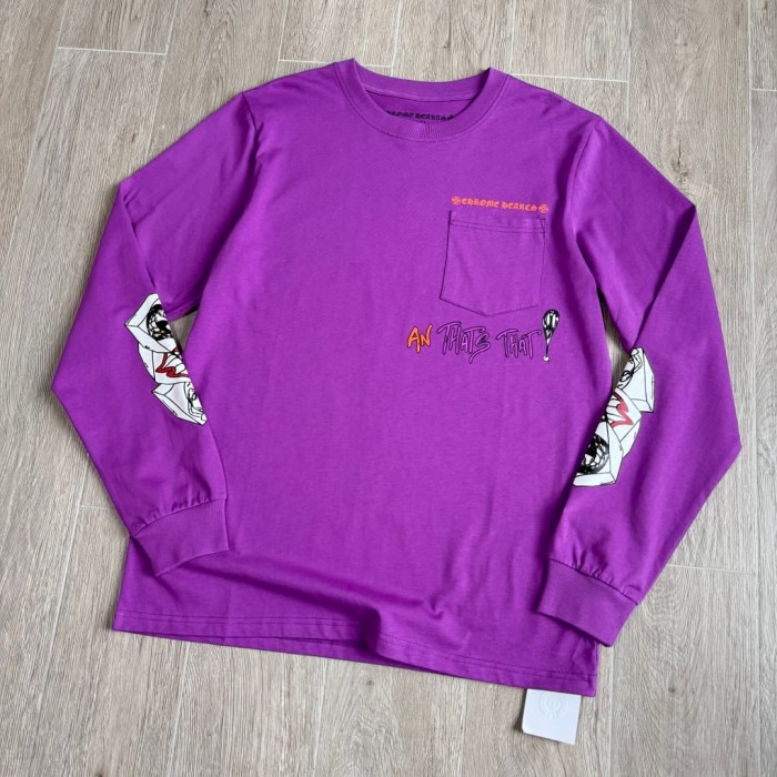 1:1 quality version American Streetwear Purple Chest Pocket Graffiti Slogan Poker Print Long Sleeve Tee 29392372