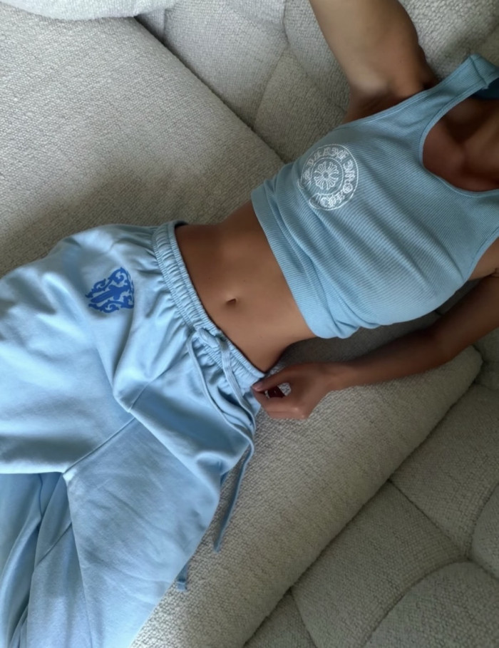 1:1 quality version Y2K Light Blue Floral Cross Totem Graphic Drawstring Jogger Fleece Sweatpants 29392454