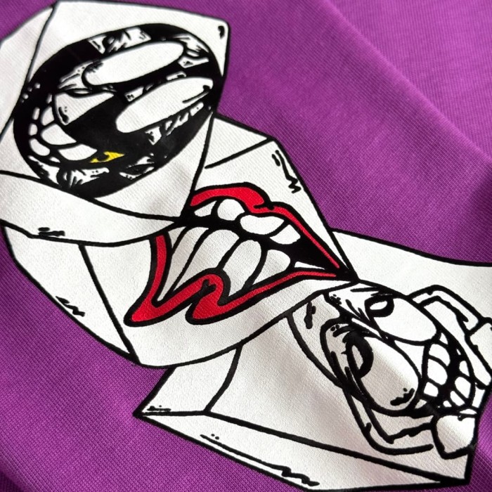 1:1 quality version American Streetwear Purple Chest Pocket Graffiti Slogan Poker Print Long Sleeve Tee 29392372