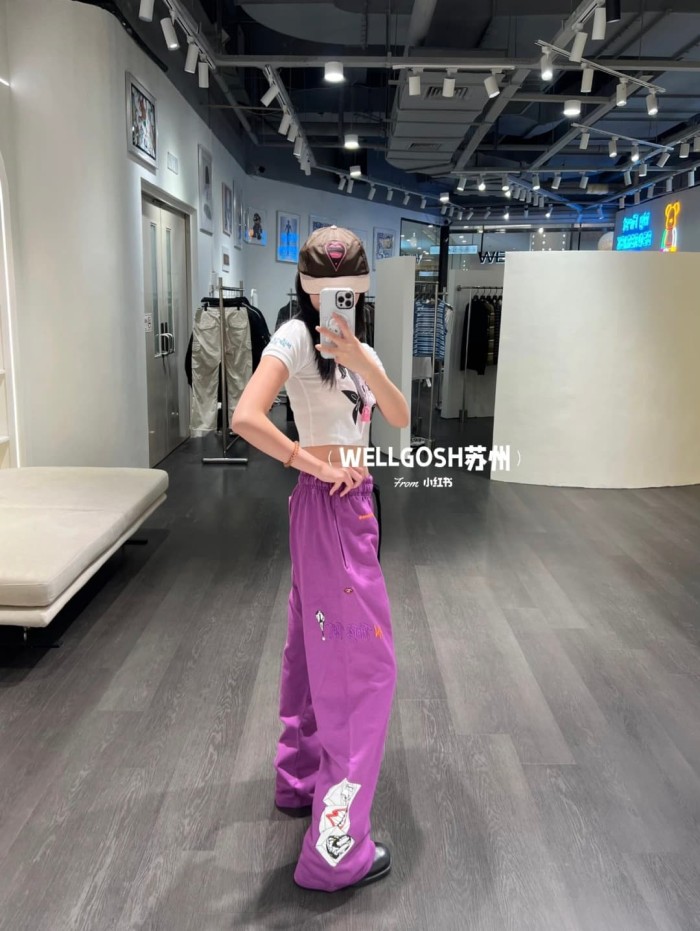 1:1 quality version Streetwear Purple Color Graffiti Slogan Poker Print Wide Leg Drawstring Casual Sweatpants 29392390