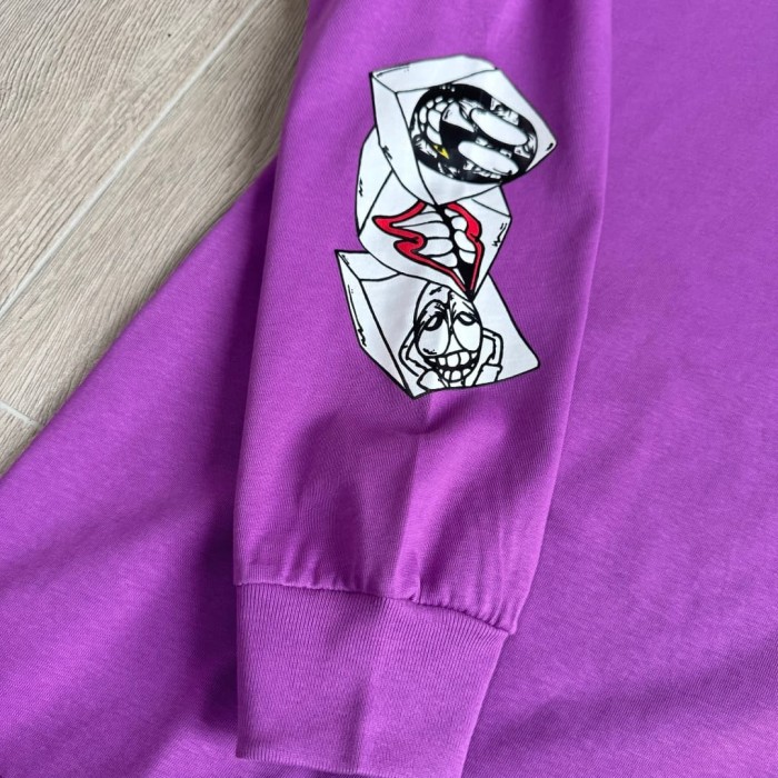 1:1 quality version American Streetwear Purple Chest Pocket Graffiti Slogan Poker Print Long Sleeve Tee 29392372