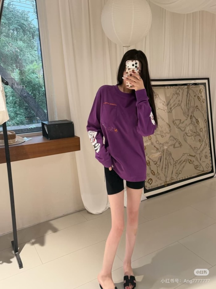 1:1 quality version American Streetwear Purple Chest Pocket Graffiti Slogan Poker Print Long Sleeve Tee 29392372