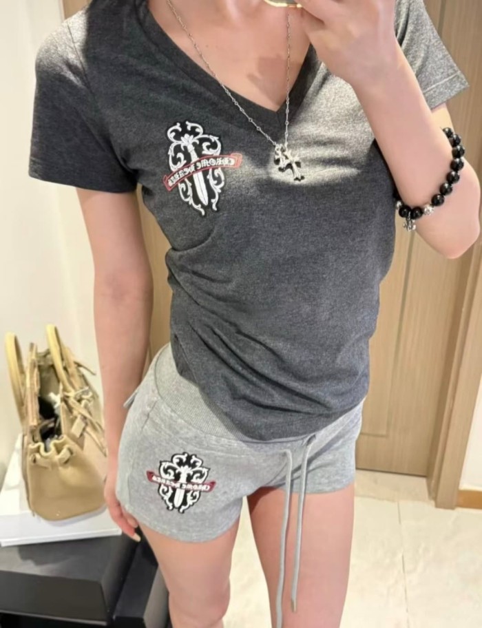 1:1 quality version American Streetwear Grey Dagger Floral Embroidery Drawstring Casual Sweat Shorts for girls 29392542
