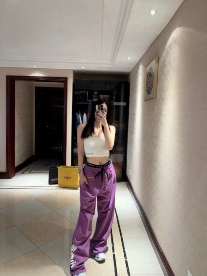 1:1 quality version Streetwear Purple Color Graffiti Slogan Poker Print Wide Leg Drawstring Casual Sweatpants 29392390