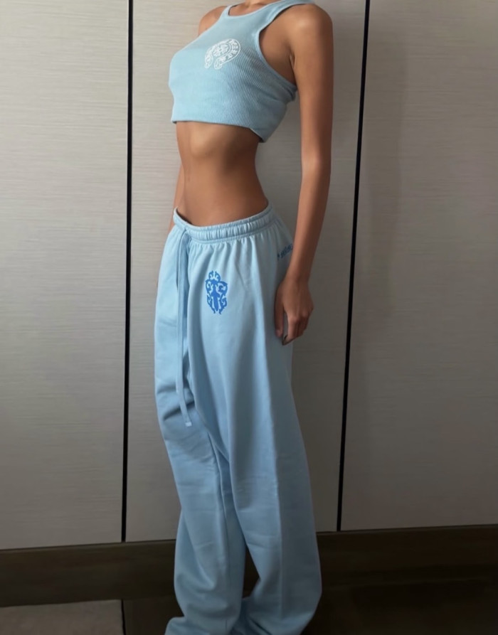 1:1 quality version Y2K Light Blue Floral Cross Totem Graphic Drawstring Jogger Fleece Sweatpants 29392454