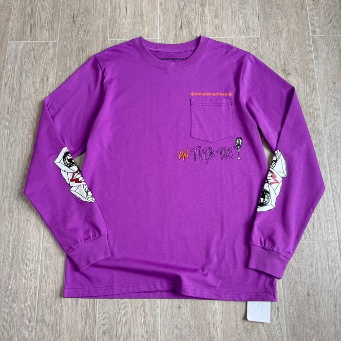 1:1 quality version American Streetwear Purple Chest Pocket Graffiti Slogan Poker Print Long Sleeve Tee 29392372