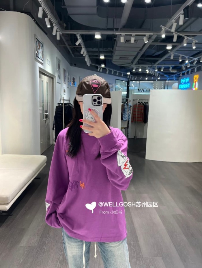 1:1 quality version American Streetwear Purple Chest Pocket Graffiti Slogan Poker Print Long Sleeve Tee 29392372