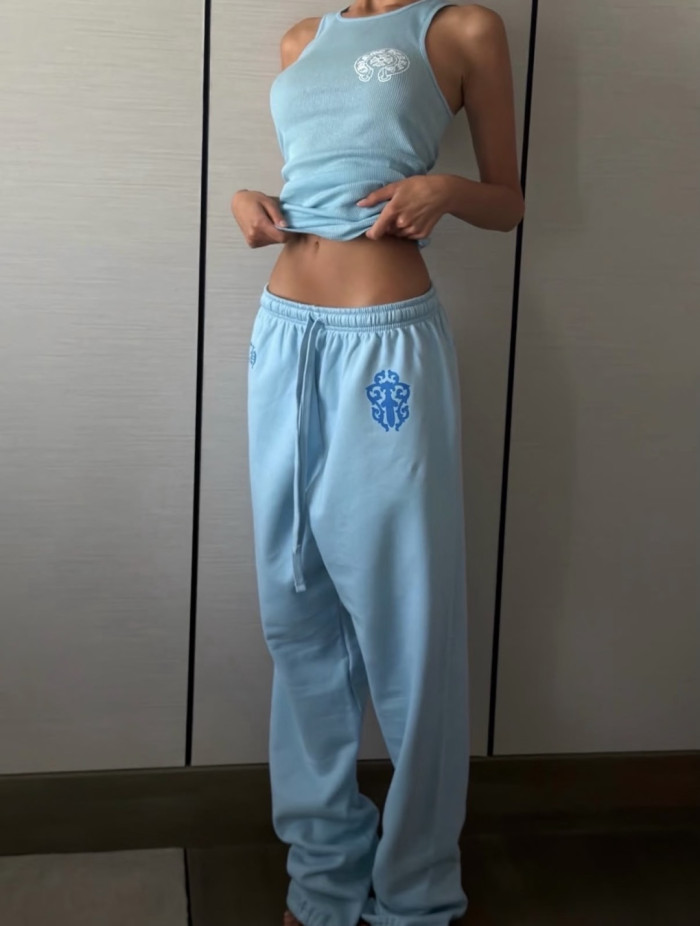 1:1 quality version Y2K Light Blue Floral Cross Totem Graphic Drawstring Jogger Fleece Sweatpants 29392454