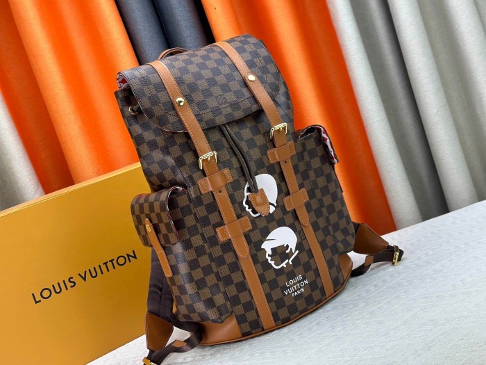 1:1 quality version Brown Chessboard Grid Print Figure Silhouette  Drawstring Flap Side Pockets Backpack 29393777