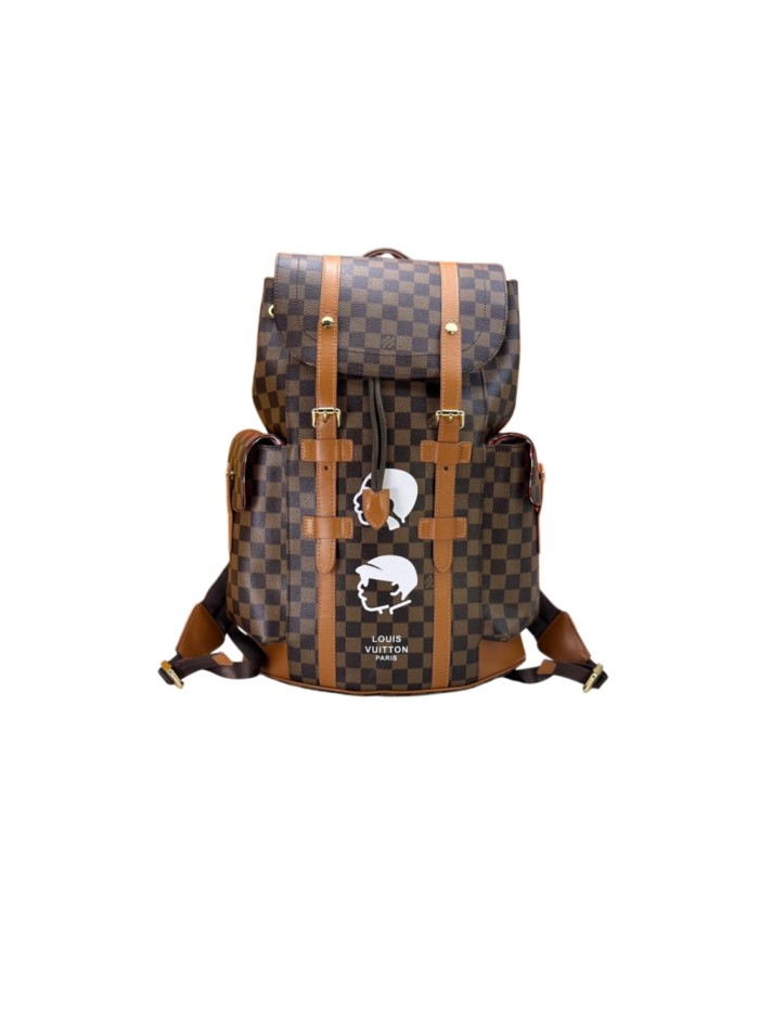 1:1 quality version Brown Chessboard Grid Print Figure Silhouette  Drawstring Flap Side Pockets Backpack 29393777