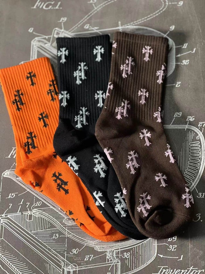 Gothic Cross Monogram Print Breathable Trendy Rib‑Knit Mid‑Crew Socks 1 Pairs 4 colors 29399321