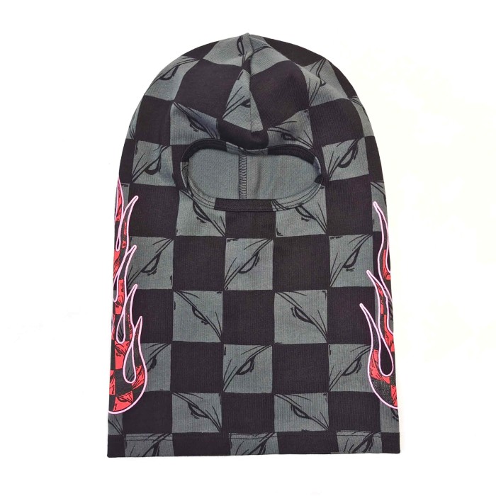 Black‑Grey Checkerboard All‑Over Print Red Flame Single‑Hole Balaclava Shiesty Mask 29409212