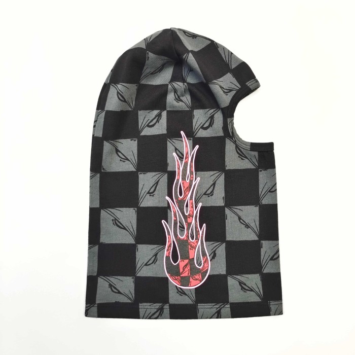Black‑Grey Checkerboard All‑Over Print Red Flame Single‑Hole Balaclava Shiesty Mask 29409212