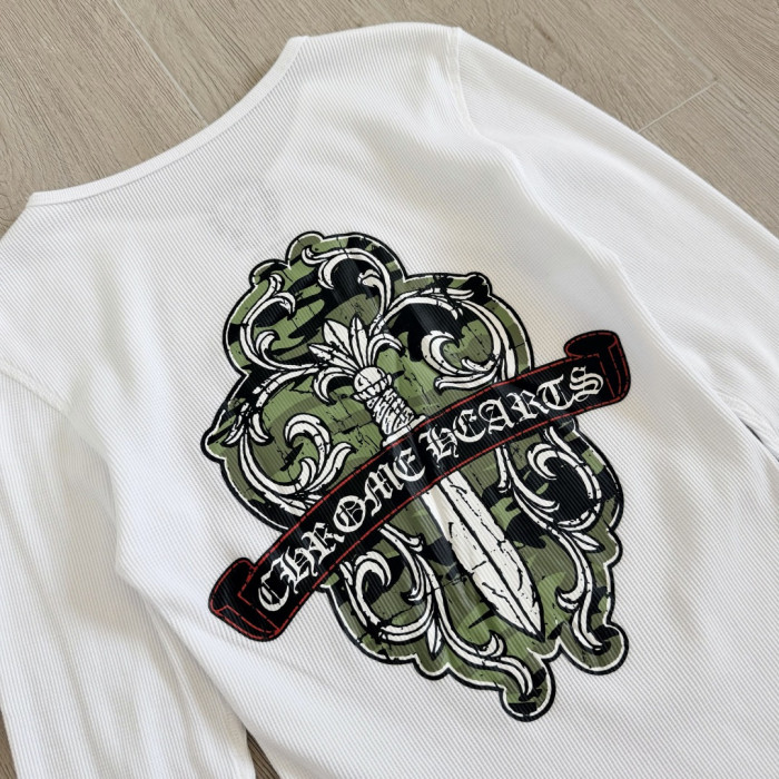 1:1 quality version Green Sword Vine Print Waffle Slim‑Fit Long Sleeve Tee 29426184