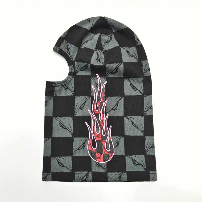 Black‑Grey Checkerboard All‑Over Print Red Flame Single‑Hole Balaclava Shiesty Mask 29409212