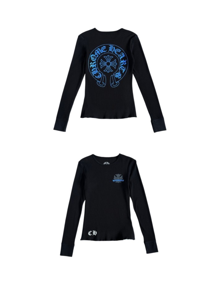 1:1 quality version Blue Horseshoe‑Ring Cross‑Flower‑Print Waffle‑Knit Fitted Long Sleeve Tee 29426214