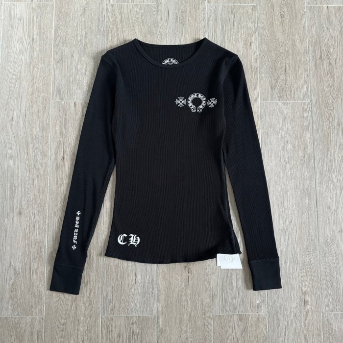 1:1 quality version Black‑White Horseshoe‑Ring Cross‑Flower‑Slogan‑Prin Waffle Knit Long Sleeve Tee 2 colors 29426217