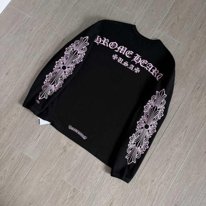 1:1 quality version Chest Scroll Dual Sleeve Pink Floral Print Waffle Knit Loose Fit Long Sleeve Tee 29426238