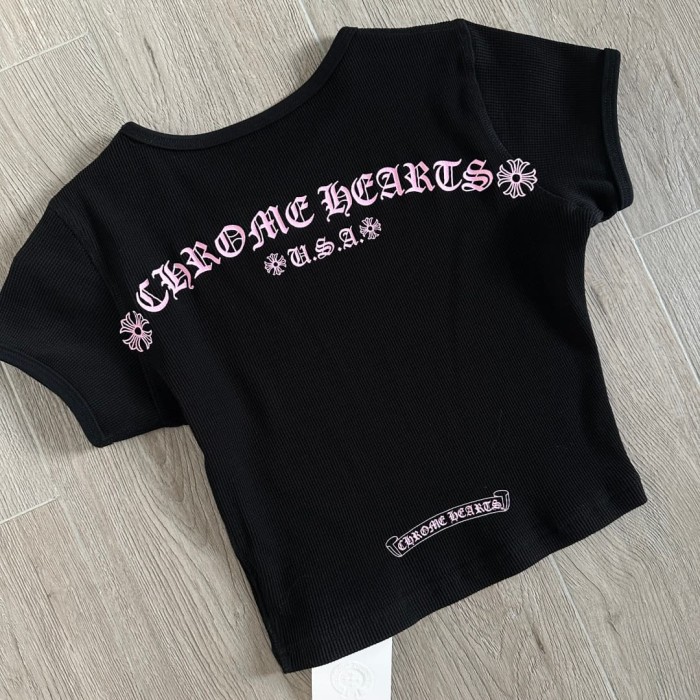 1:1 quality version Chest Scroll Arc Pink Gothic Letter Print Waffle Knit Cropped Tee for girls 29426256