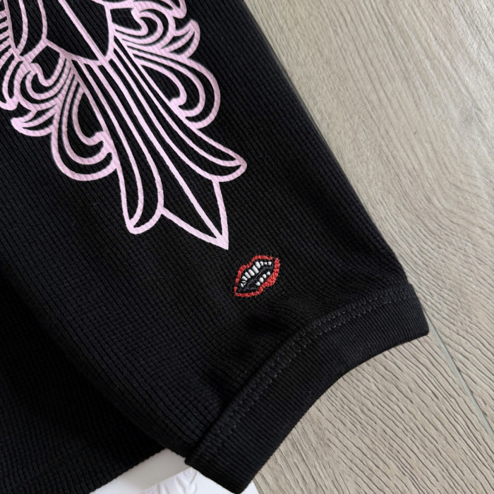 1:1 quality version Chest Scroll Dual Sleeve Pink Floral Print Waffle Knit Loose Fit Long Sleeve Tee 29426238