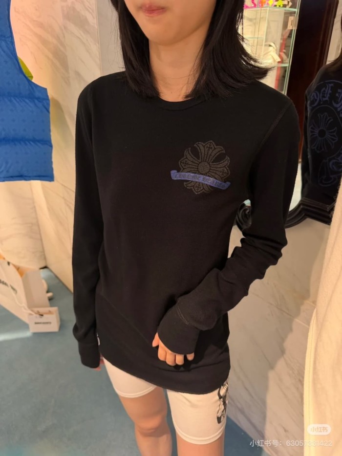 1:1 quality version Blue Horseshoe‑Ring Cross‑Flower‑Print Waffle‑Knit Fitted Long Sleeve Tee 29426214