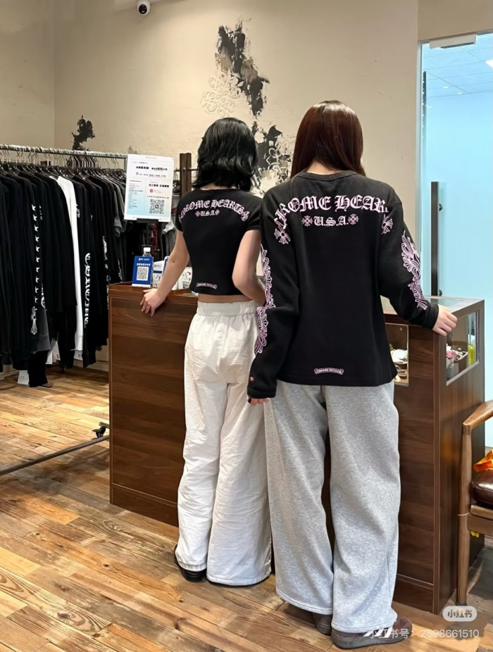 1:1 quality version Chest Scroll Dual Sleeve Pink Floral Print Waffle Knit Loose Fit Long Sleeve Tee 29426238