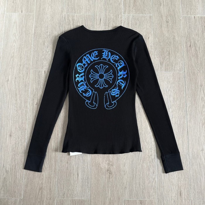 1:1 quality version Blue Horseshoe‑Ring Cross‑Flower‑Print Waffle‑Knit Fitted Long Sleeve Tee 29426214