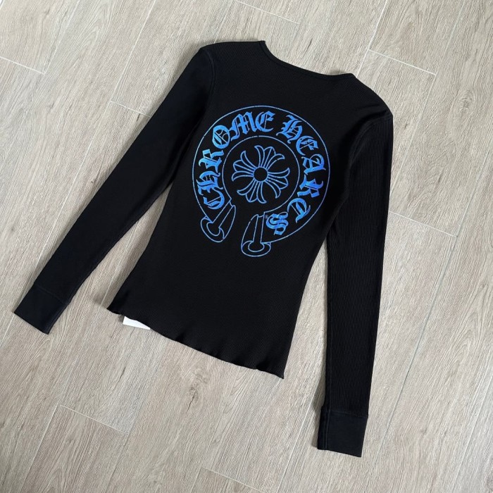 1:1 quality version Blue Horseshoe‑Ring Cross‑Flower‑Print Waffle‑Knit Fitted Long Sleeve Tee 29426214