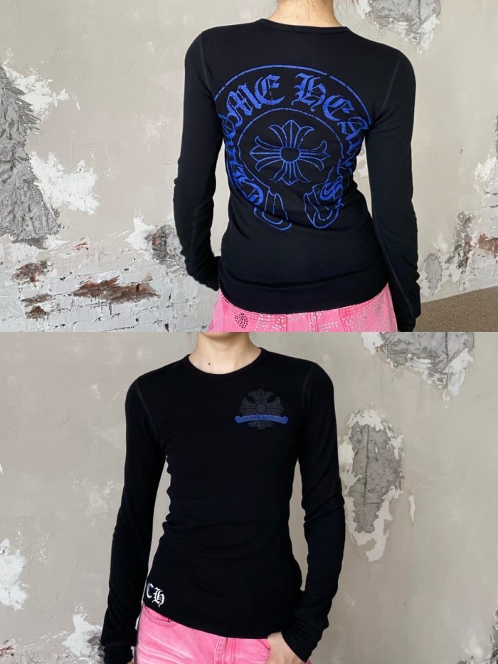 1:1 quality version Blue Horseshoe‑Ring Cross‑Flower‑Print Waffle‑Knit Fitted Long Sleeve Tee 29426214