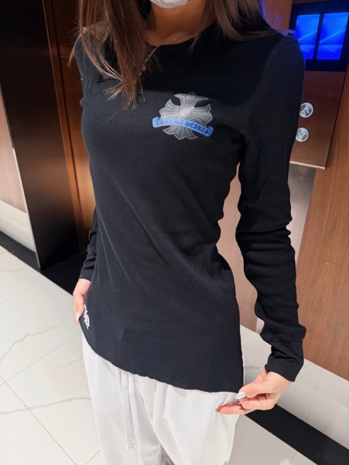 1:1 quality version Blue Horseshoe‑Ring Cross‑Flower‑Print Waffle‑Knit Fitted Long Sleeve Tee 29426214