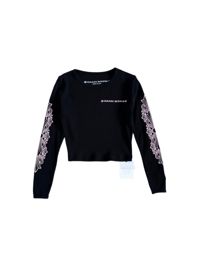 1:1 quality version Pink Gothic Letter Dual Sleeve Floral Print Waffle Knit Cropped Long Sleeve Tee for girls 29426247