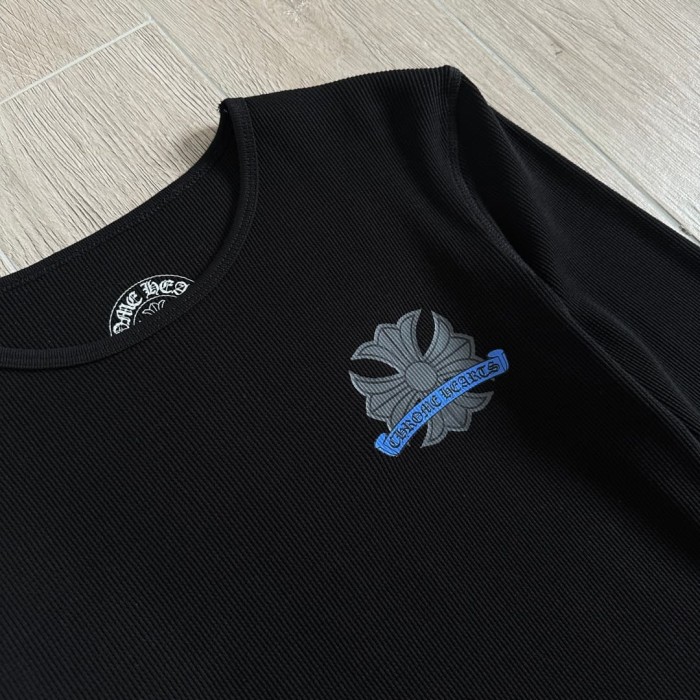 1:1 quality version Blue Horseshoe‑Ring Cross‑Flower‑Print Waffle‑Knit Fitted Long Sleeve Tee 29426214