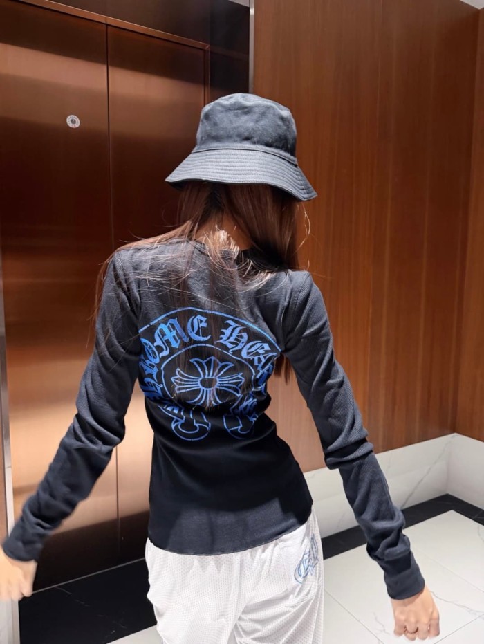 1:1 quality version Blue Horseshoe‑Ring Cross‑Flower‑Print Waffle‑Knit Fitted Long Sleeve Tee 29426214