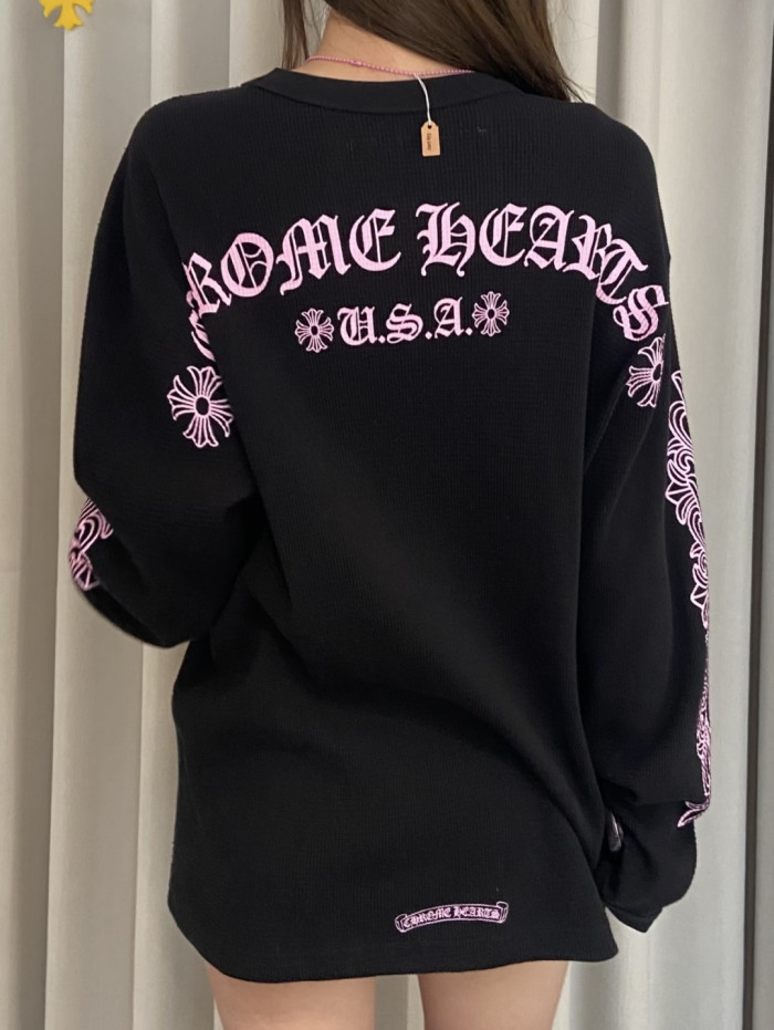 1:1 quality version Chest Scroll Dual Sleeve Pink Floral Print Waffle Knit Loose Fit Long Sleeve Tee 29426238