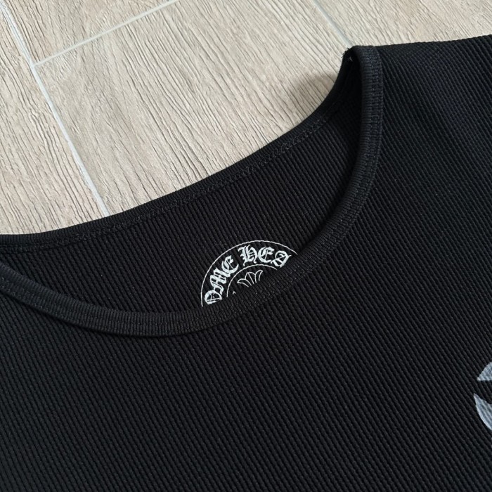 1:1 quality version Blue Horseshoe‑Ring Cross‑Flower‑Print Waffle‑Knit Fitted Long Sleeve Tee 29426214